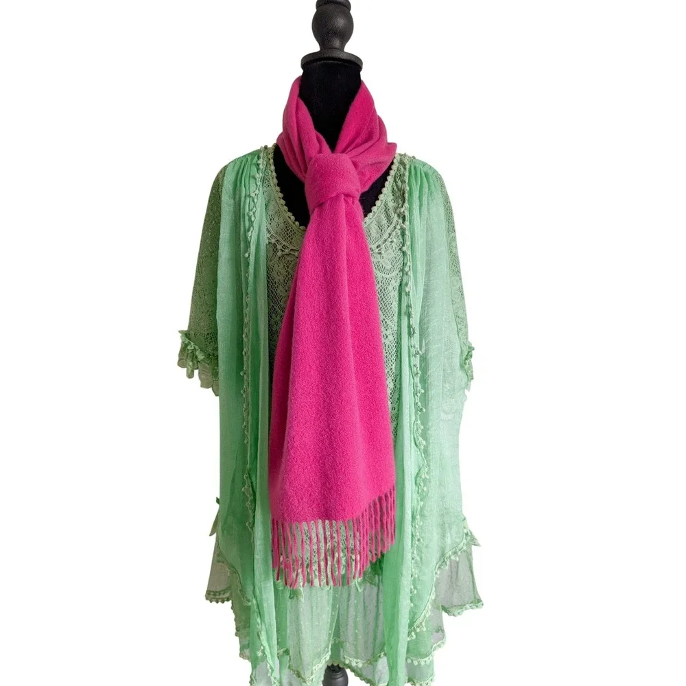 Nordstrom Maximalism Bold Pink Luxury Chic Tassel Fringe 100% Cashmere Scarf